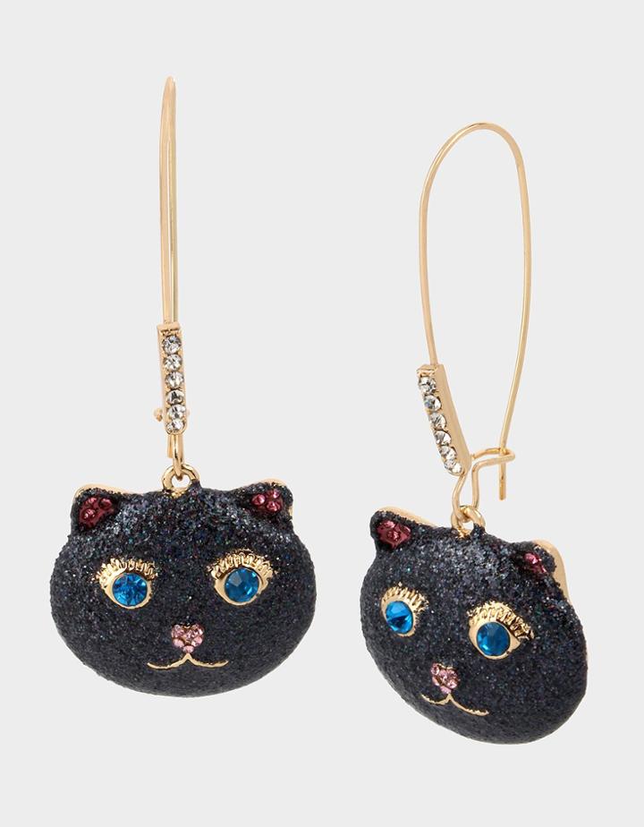 Betseyjohnson Creep It Real Glitter Cat Hook Earrings Black