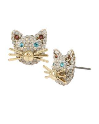 Steve Madden Just Kitten Around Cat Stud Earrings White