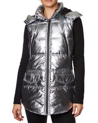 Steve Madden Longline Hood Puffer Vest Silver