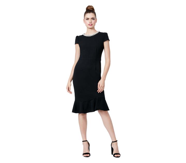Betseyjohnson Pearl Collar Scuba Crepe Dress With Flounce Black