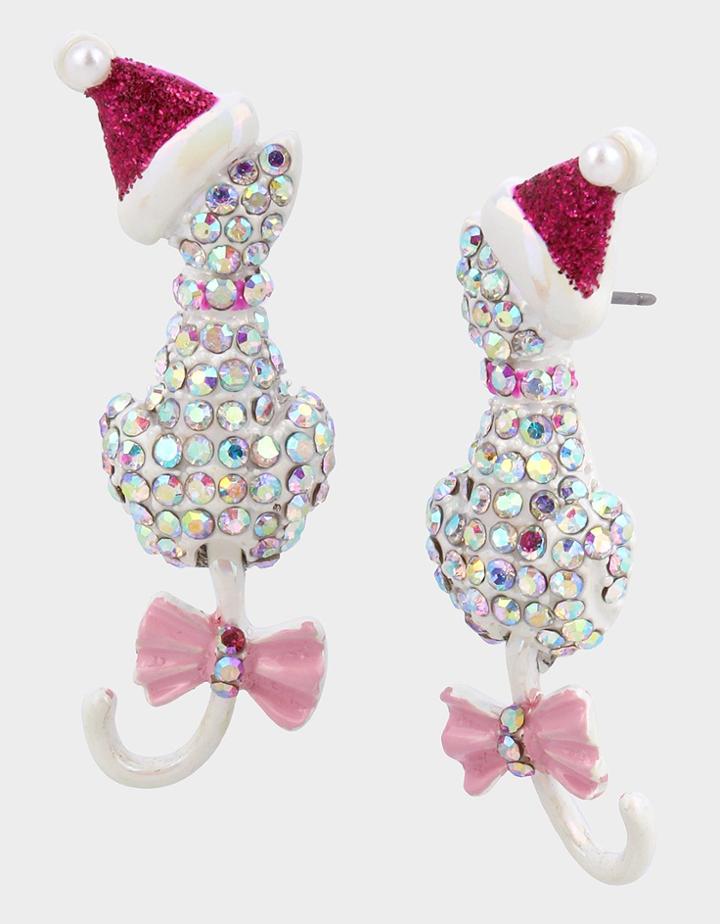 Betseyjohnson Pink Xmas Pave Cat Earrings White