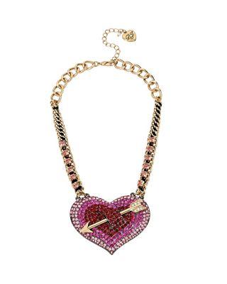 Steve Madden Hearts And Arrows Big Pave Heart Necklace Pink