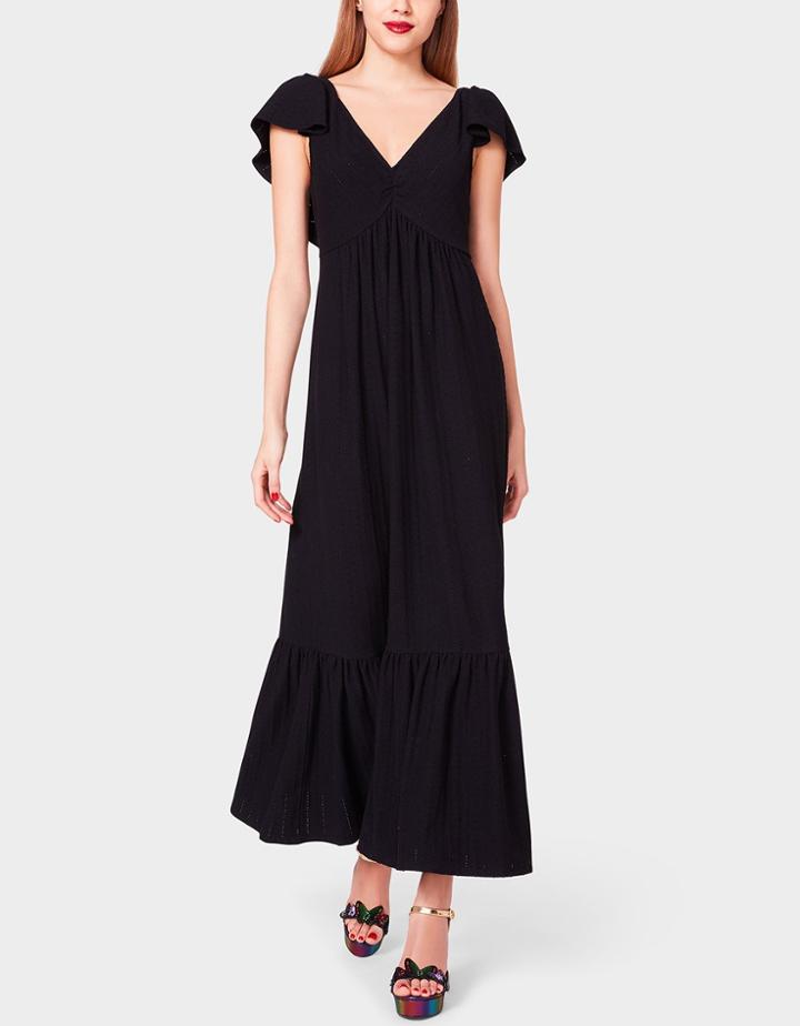 Betseyjohnson Cotton Eyelet Flutter Sleeve Maxi Dress Black