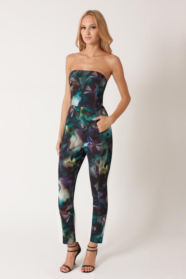 Black Halo Abstract Print Iris Strapless Jumpsuit In Abstract Jade, Size 0