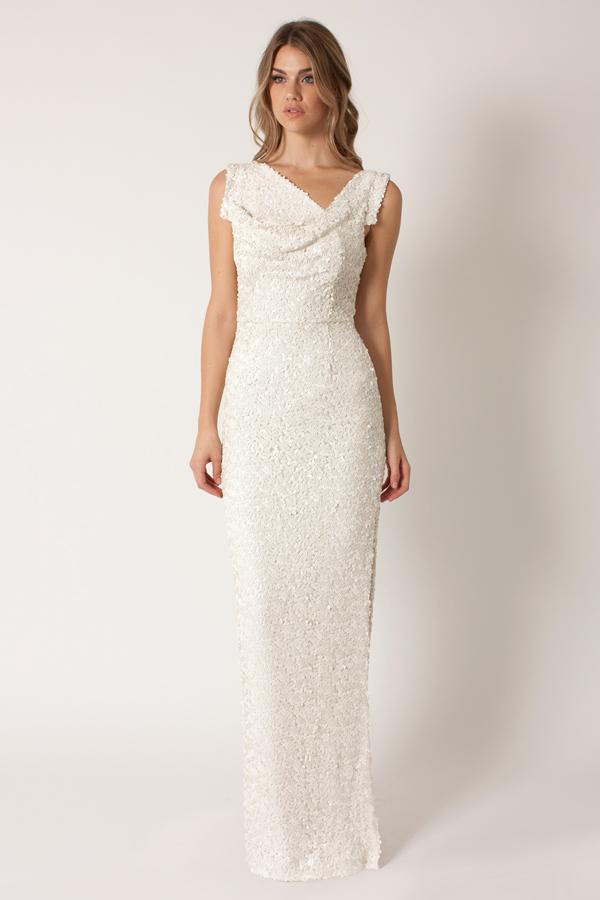 Black Halo Sequined Jackie O Dress Gown In Natural White, Size 0
