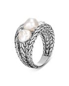 John Hardy Sterling Silver Classic Chain Freshwater Pearl Triple Row Statement Ring