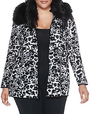 Belldini Plus Faux-fur Collar Jacquard Cardigan