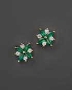 Emerald And Diamond Flower Stud Earrings In 14k Yellow Gold