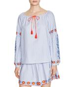 Tory Burch Madison Embroidered Oxford Stripe Peasant Blouse