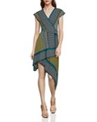 Bcbgmaxazria Asymmetric Mixed-print Faux-wrap Dress