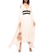 Pinko Nocciola Cold Shoulder Ribbon Waist Georgette Midi Dress