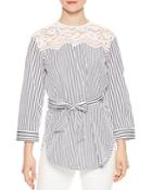 Sandro Dorothee Belted Striped Lace-inset Top