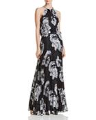 Avery G Floral Pleated Chiffon Gown