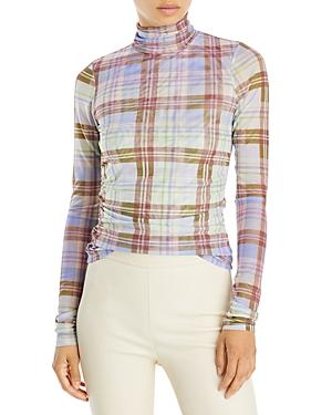 Cinq A Sept Plaid Shirred Turtleneck Top