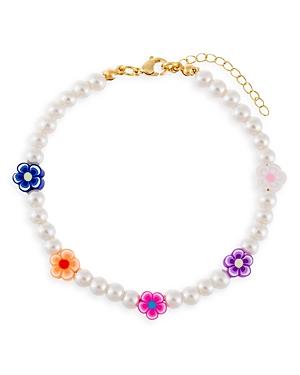 Adinas Jewels Neon Multicolor Flower & Faux Pearl Beaded Ankle Bracelet In Gold Tone