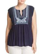 Lucky Brand Plus Embroidered Mixed Media Top