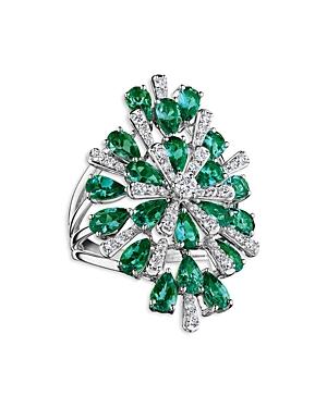 Hueb 18k White Gold Botanica Emerald & Diamond Floral Burst Cluster Ring