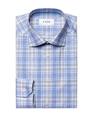 Eton Cotton & Linen Plaid Convertible Cuff Contemporary Fit Dress Shirt
