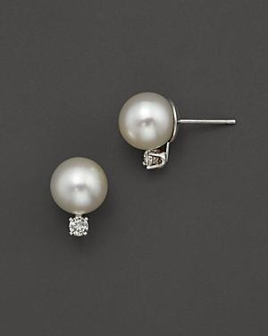 Cultured Akoya Pearl Stud Earrings With Diamonds In 14k White Gold, 7mm