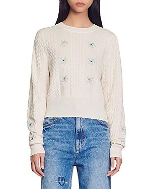 Sandro Touquet Floral Embroidered Cable Knit Sweater