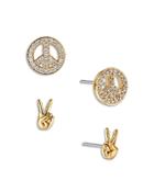 Ajoa By Nadri Pave Peace Sign Stud Earrings In 18k Gold Plated, Set Of 2