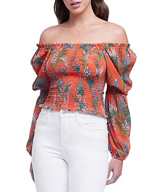 L'agence Cece Printed Smocked Off The Shoulder Top