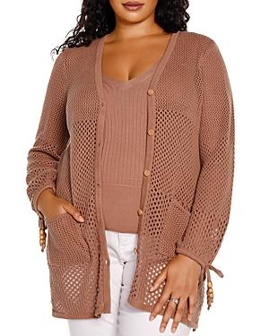 Belldini Plus Crocheted Cotton Tie Cuff Cardigan