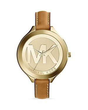 Michael Kors Gold-tone & Luggage Leather Slim Runway Watch, 42mm