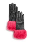 Aqua Rabbit Fur-cuff Leather Tech Gloves - 100% Exclusive