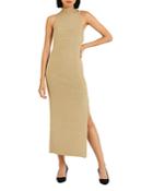 Herve Leger Metallic High Slit Draped Gown