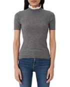 Maje Mouthy Short-sleeved Rib Knit Sweater With Lace Collar