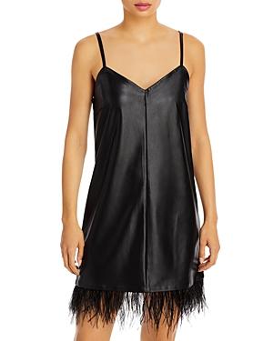 Aqua Feather Trim Vegan Leather Slip Dress - 100% Exclusive