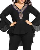 City Chic Plus Bell-sleeve Embroidered Top
