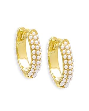 Adinas Jewels Triple Row Beaded Faux Pearl Huggie Hoop Earrings In 14k Yellow Gold Plated Sterling Silver