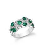 Emerald And Diamond Three Row Band Ring In 14k White Gold
