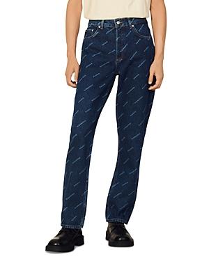 Sandro Organic Cotton Diagonal Logo Print Straight Fit Jeans In Blue Vintage