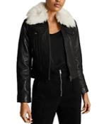 Reiss Shellie Shearling Collar Cropped Leather Jacket