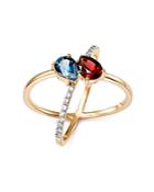 Bloomingdale's Blue Topaz And Garnet Two Stone X Band Ring With Diamonds In 14k Yellow Gold