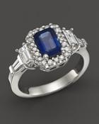 Sapphire And Diamond Halo Ring With Baguettes In 14k White Gold