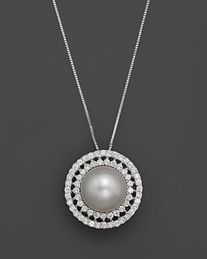 Diamond And South Sea Pearl Pendant Necklace In 14k White Gold, 18