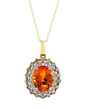 Citrine Oval With White And Brown Diamond Halo Pendant Necklace In 14k Yellow Gold, 18
