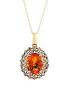 Citrine Oval With White And Brown Diamond Halo Pendant Necklace In 14k Yellow Gold, 18
