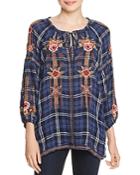 Johnny Was Aaliah Embroidered Plaid Peasant Top