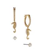Ajoa By Nadri Vacay Pave Seahorse Charm Hoop & Imitation Pearl Stud Earrings In 18k Gold Plated, Set Of 2