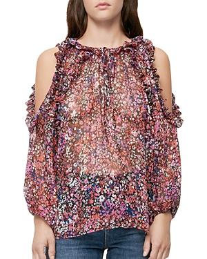 Maje Lumiere Floral Print Cold Shoulder Silk Blouse
