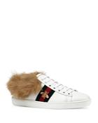 Gucci Women's New Ace Leather & Lamb Fur Low Top Lace Up Sneakers