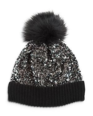 Jocelyn Sequin Knit Hat With Faux Fur Pom Pom