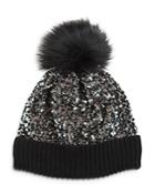 Jocelyn Sequin Knit Hat With Faux Fur Pom Pom