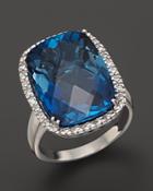 London Blue Topaz Cushion Ring With Diamonds In 14k White Gold