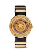 Versace V-metal Icon Ion-plated Rose Gold Watch With Black Leather Band, 40mm